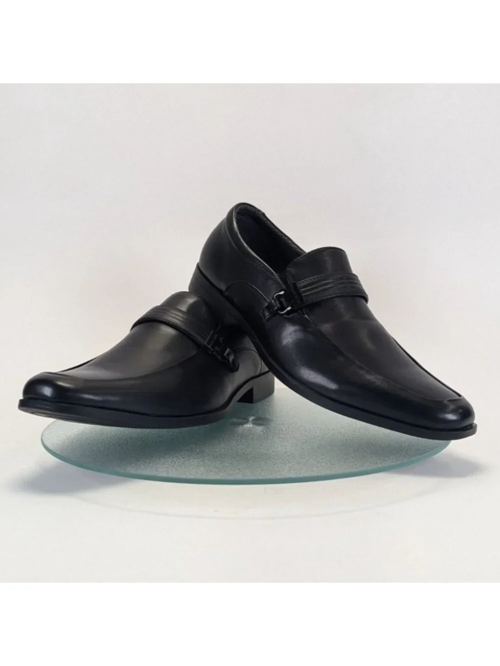 Perry Ellis Mens Size 9 Dress Shoes Black Vegan Leather Slip-On Loafers Buckle